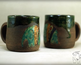 Ceramic mug with elephant, Ceramic set, Pottery teacup, black cup, clay mug, elephant decor, house warming gift, handmade teacup