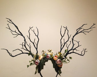 Black Branch Horn Flowers Nymph Forest Horn Headdress Antlers Blue Yellow Green Pink