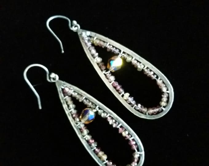 Pink, Yellow, and Brown Garnets Line these Sterling Hoops with a Topaz Color Crystal in the Center