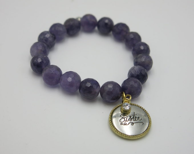 Sister charm beaded stretch bracelet amethyst purple jewelry -amethyst beaded with a dangling sister charm. Purple bracelet, sister charm