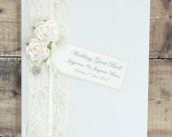 Large Luxury Personalised Wedding Guest Book - Vintage Rose, Lace and Jewel Design Guest Book. Ivory Wedding Guest Book.