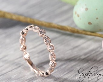 Rose Gold Full Art Deco Diamond Wedding Band in 14k Rose Gold, Engagement Ring, Gold Band, Wedding Band, Stacking Ring by Sapheena