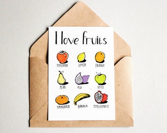 Fruit collectibles Fruits print art Postcard prints art Card sketch I love Postcard colorful Teacher english Card language Learning prints