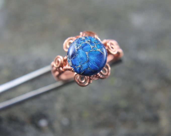 Copper Wire Weave Blue Dyed Sea Jasper Ring Size 9, Wire Wrap Beaded Jewelry, Unique Valentine's Day Gift for Her