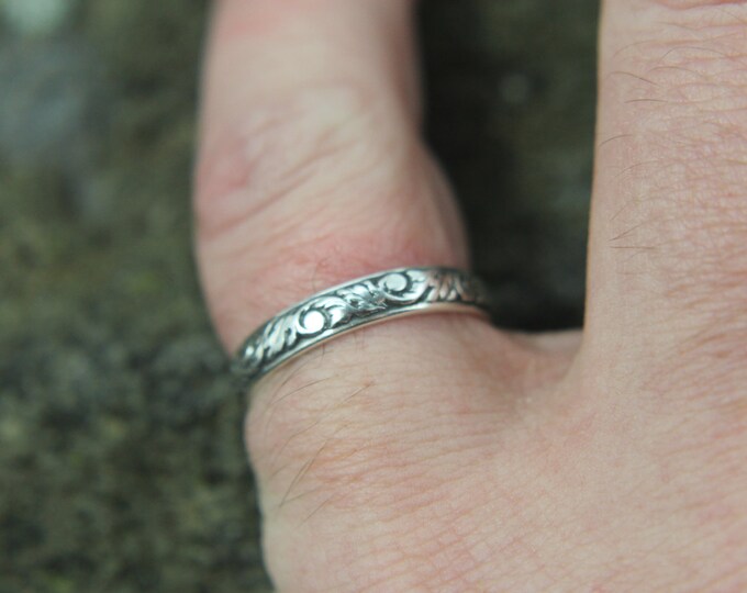 Sterling Silver Art Nouveau Stacking Ring, Embossed Vine Pattern Design, Simple Thin Band, Gift for Him or Her, Mens or Ladies Jewelry