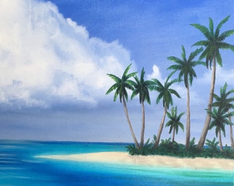Tropical painting, Beach, Ocean, Water, Palm tree, Orginal landscape oil painting, Hand painted, S scapes art, Amy Sarkisian