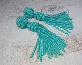 Oscar de la Renta earrings, beaded long tassel stud/clip earrings, Oscar earrings, drop earrings, dangle earrings, beaded tassel earrings