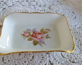 Aynsley china trinket dish butter pat or pin dish rectangle tray - pink roses
