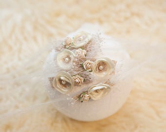 Cream newborn headband tieback Child headband Newborn photography tieback Mohair Photo prop Flower photo prop