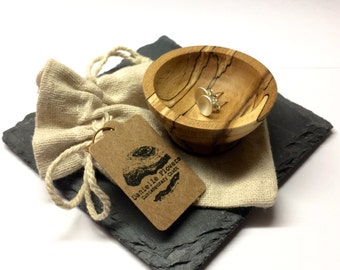 Handcrafted, wood turned, spalted beech, earring dish, miniature bowl, wooden bowl, complete with cotton bag