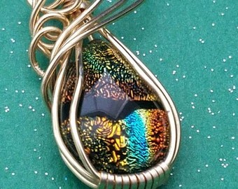 Wire Wrapped Pendant, Wire Wrapped Necklace, Wire Wrapped Cabochon,Dichroic Necklace, Dichro Pendant, Wire Wrapped Jewelry, Copper Jewelry,