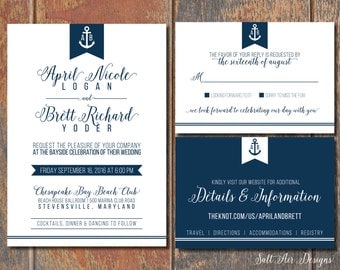 Printable Nautical Wedding Invitation Suite. Anchor. Navy & White Wedding Invitation.