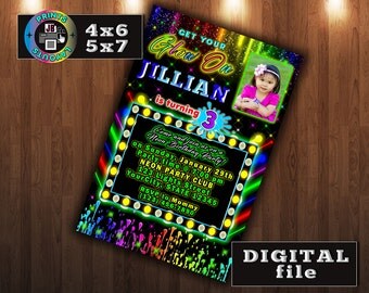 NEON Glow in the Dark Birthday Invitation, CUSTOM Digital File, Any age, With Photo