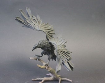 Figurine black Raven on branch,crow figurine,Raven sculpture