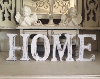 VINTAGE SHABBY "HOME" Large letters Freestanding 15cm Tall Distressed White