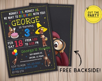 Curious George invitation, Curious George birthday invitation, Curious George party invitation, Curious George chalkboard invitation