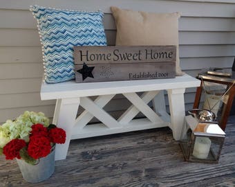 White Wooden bench entryway Farmhouse Decor, Front Porch Sitting, Indoor Outdoor Furniture Shabby Chic 2017 trendy Mudroom porch