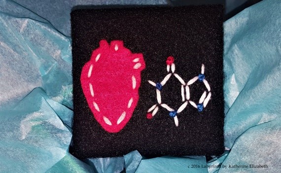 Anatomical Heart and Caffeine Molecule (Embroidery and Felt) Canvas Mounted