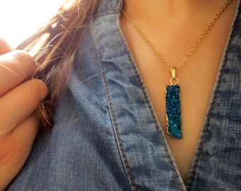 Blue Druzy Pendant necklace Bar Gold Necklace Slim druzy long rectangle pendants Gold Plated Druzy bar pendants electroformed gemstone