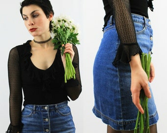 Black LACE V-NECK* Sheer Bell Sleeve Ruffle Shirt * X Small * Small * Long Sleeve Goth Top * Stretch