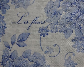 4 Blue Paper Napkins, Decoupage Napkins, Floral Napkins, Mixed Media Napkins, Collage Paper, Tea Party Napkins, Lunch Napkins (LES FLEURS)