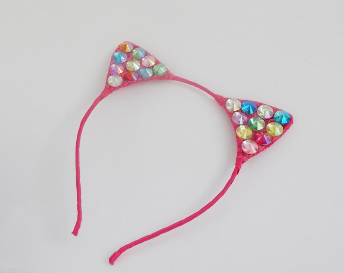 Cat ears headband/ adult headband/ pink multicolor rhinestone headband headpiece headdress/ teenager gifts/ glamour party festival headdress