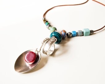 Silver spoon jewelry ceramic pendant necklace.