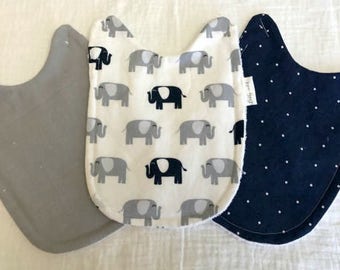 Elephant Baby Bib Set, Set of 3 Navy and Gray Elephant Bibs that Attach to Bodysuit, Mix and Match Bib Set, Great Baby Boy Shower Gift!