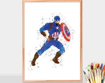 Captain America, superheroes watercolor, captain america wall art, avengers, captain america wall decor, marvel print, poster, room decor
