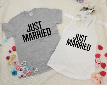 Just Married tee shirt and tank top set Custom date. Just Married shirts. Wedding tank and tee. Bride and Groom shirts.Honeymoon shirts.