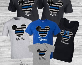 Disney Mickey and Blue line Flag shirt / Mickey and Minnie Mouse personalized shirt / Disneyland / Disney Cruise Vacation Shirts family set