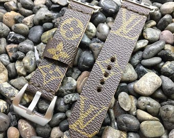 Louis Vuitton LV Monogram Apple Watch Band Stainless Silver Buckle Custom Handmade Upcycled Strap 38mm or 42mm - iWatch