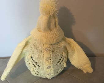 Hand Made Yellow Baby Boy Sweater and Hat Set