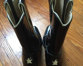 Vintage, Faryl Robin, Black Patent Leather, Cowboy Boots, w/stars, Size 7