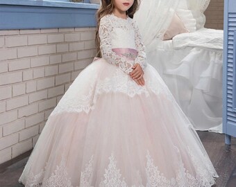 Luxe Flower Girl Dress, Quinceanera Dress, Elegant Long Sleeve Detail, Junior Bridesmaid Dress Father Daughter Dance Dress, Southern Belle