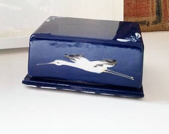 Blue butter dish vintage ceramic. France 1980.