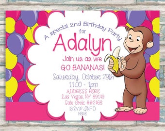Curious George Invitation - Girl Curious George Invite - Printable Invitation - Pink Curious George Party