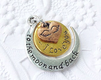 I Love You to the Moon and Back, Moon Charm, Silver and Gold Moon, 25mm x 21mm, GTP011