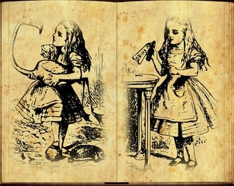 Alice in Wonderland Wall Art Horizontal Poster Set of 5 - Alice in Wonderland Vintage Book Illustration Print - Room Wall Art Set
