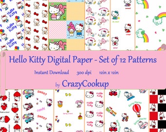 Hello Kitty Digital Paper - Set of 12 (Instant Download, 300 dpi, 12in x 12in)