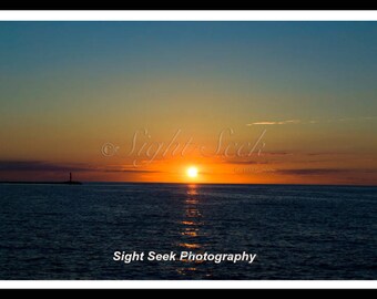 Sunset Over Lake with Lighthouse