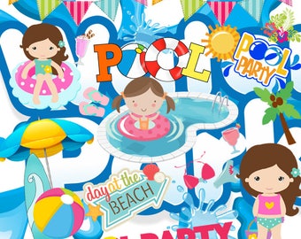 Pool party, Pool party clipart, pool party idea, clip art, design pool party, birthday, party, children clipart, instant Download, PNG
