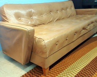 Vintage Cream Colored Click-Clack Folding Sofa Bed Tufted Pleather Vinyl