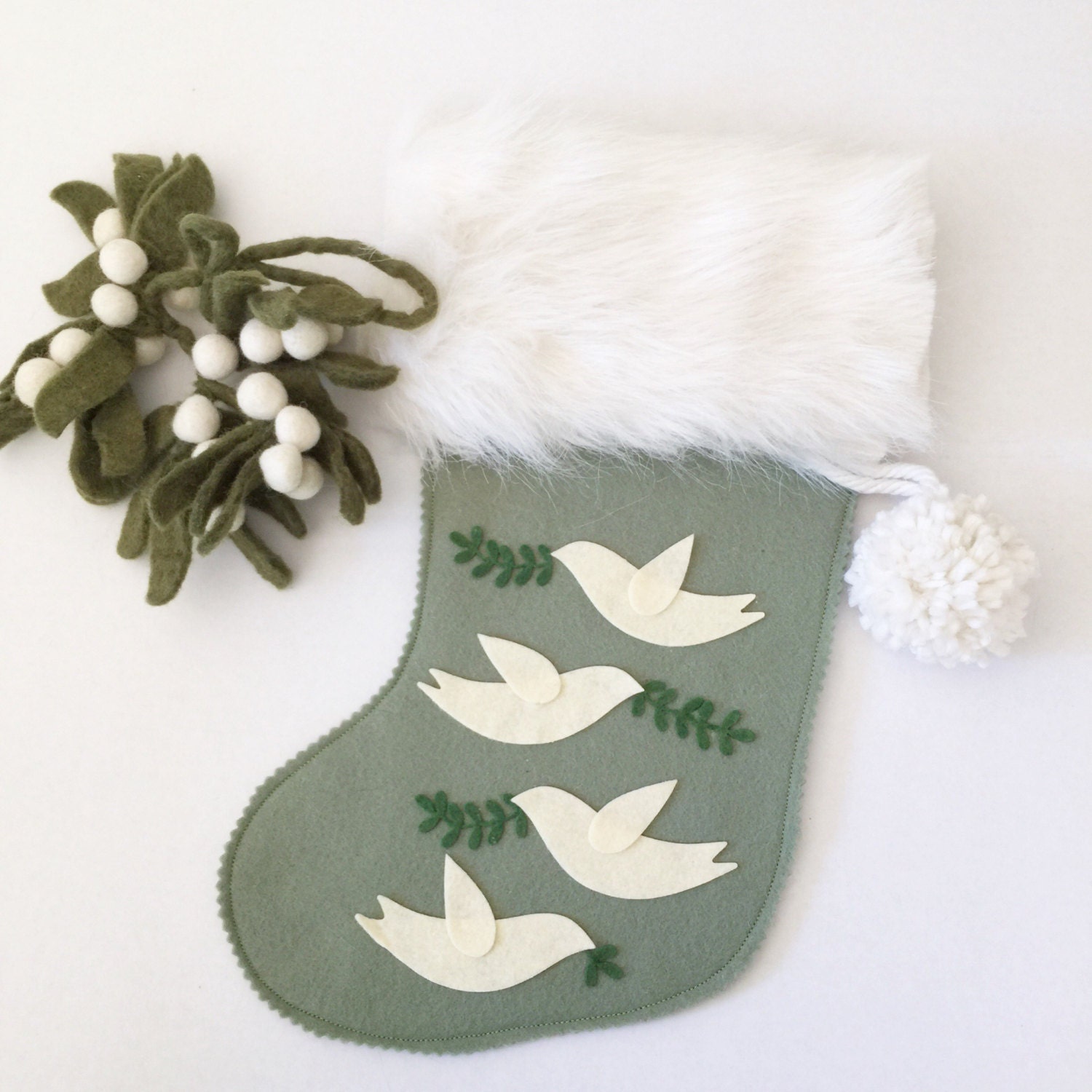 Green Felt Christmas Stocking White Doves 12 Days of by mosey
