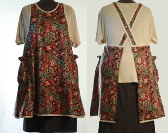 Plus Size No Ties Apron in Deep Red Floral