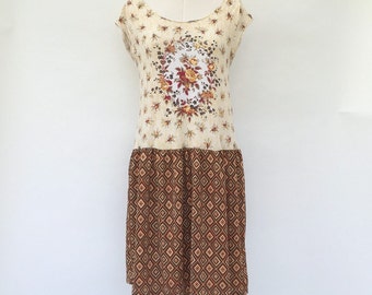 Upcycled dress, t-shirt dress, upcycled clothing, brown, orange, yellow, geometric, floral dress, flower dress, autumn, ethical clothing