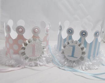 Twin 1st Birthday Crowns- Pink & Blue- Set of 2
