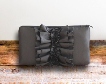 Charcoal Gray Bridesmaids Clutch- Pewter Ruffle Clutch