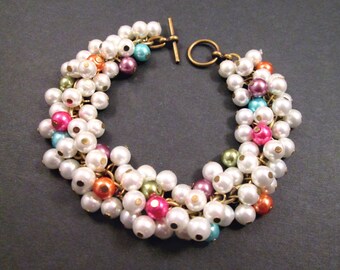 Pearl Cha Cha Bracelet, White and Rainbow Pearl Beaded, Brass Charm Bracelet, FREE Shipping U.S.