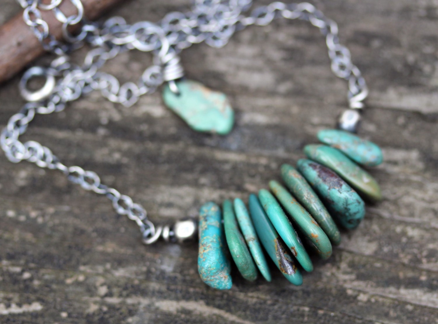 Green Chinese turquoise nugget sterling silver necklace